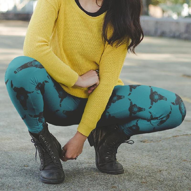 Mandala Bison Skull Leggings with Pockets Cozy Bootcut Leggings