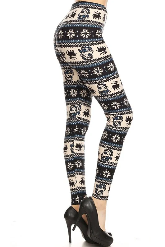 Navy Santa Reindeer Design Leggings Trendy Leather-Look Workout Leggings