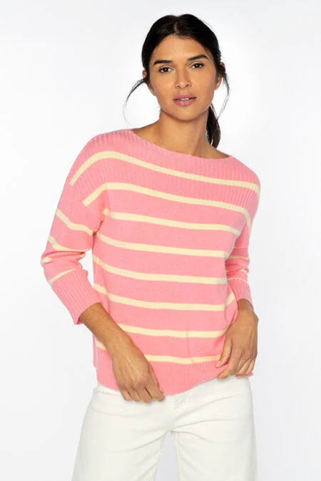 Kinross Cashmere Rib Yoke Stripe Pullover Boyleg Sleeve Pullover