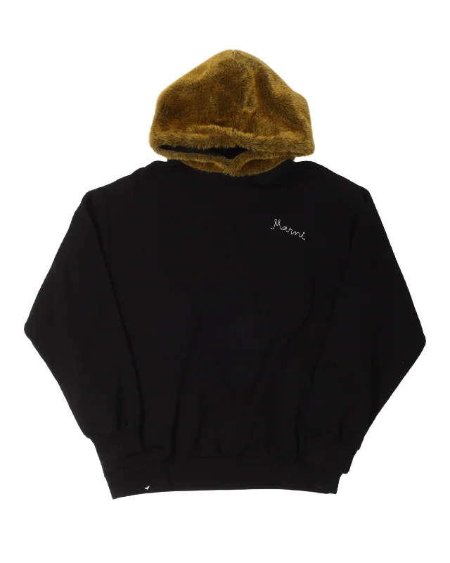 Fuzzy Hood Sweatshirt Hoodie with Hem Embroidery Detailed Premium