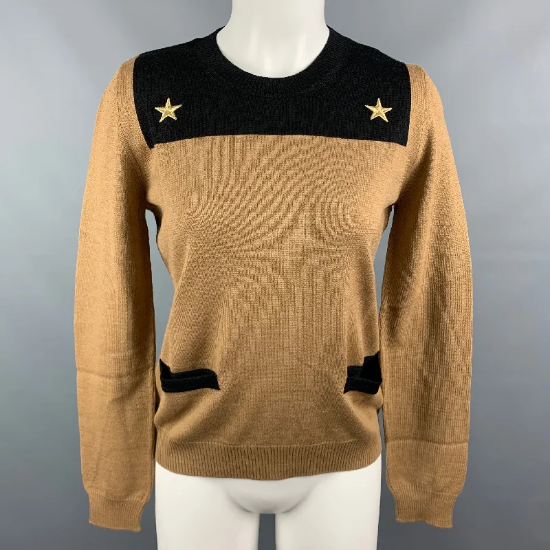 LOVE MOSCHINO Size 6 Beige Black Wool / Acrylic Color Block Front Pockets Gold Stars Pullover Shirred Sleeve Feminine LOVE MOSCHINO Size 6 Beige Black Wool / Acrylic Color Block Front Pockets Gold Stars Pullover Shirred Sleeve Feminine