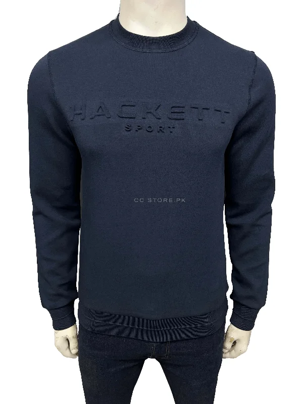 HKT Sport Embossed Logo Navy Blue Sweatshirt Hoodie with Hem Applique Textured Unique HKT Sport Embossed Logo Navy Blue Sweatshirt Hoodie with Hem Applique Textured Unique