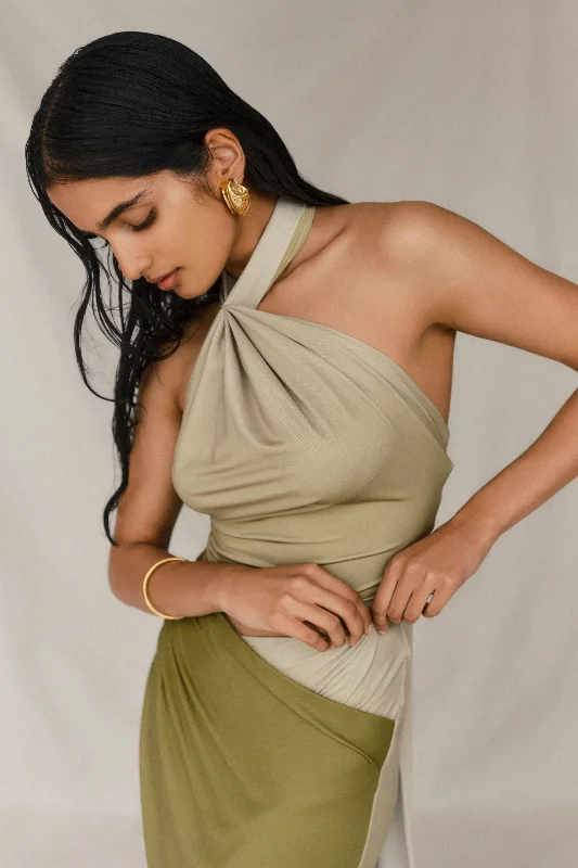 Bronwyn Slinky Halter Crop Top - Ombre Vintage Olive Nylon Fabric Polyester Fabric Spandex Fabric