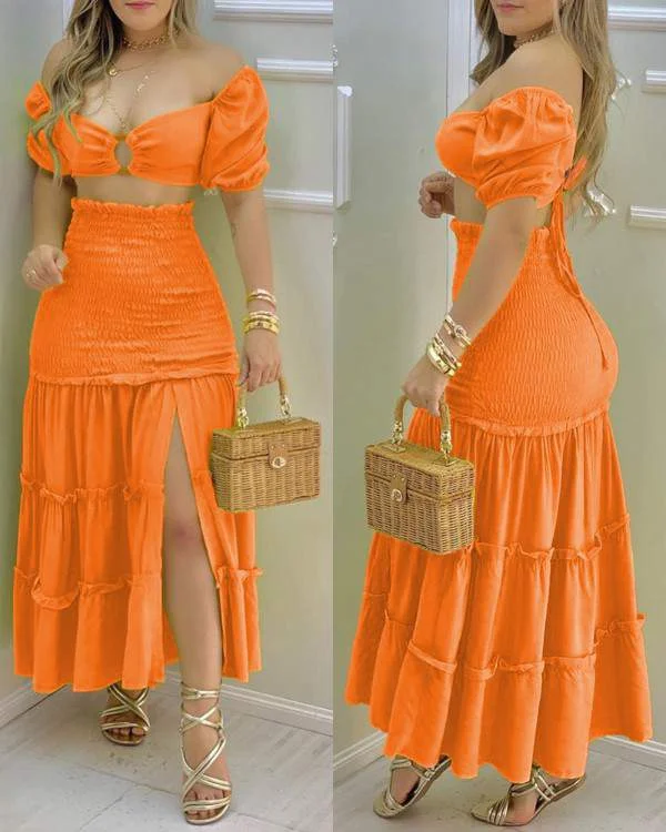 ORing Crop Top Frill Hem Shirred Slit Maxi Skirt Set Print Jacquard Patchwork