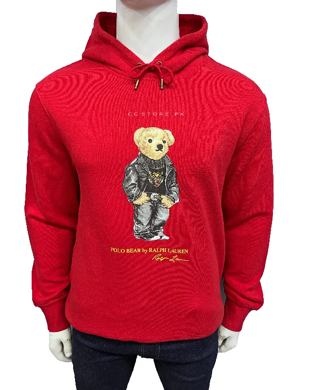 RL Tiger Bear Red Fleece Hoodie Hoodie with Applique Textured Unique