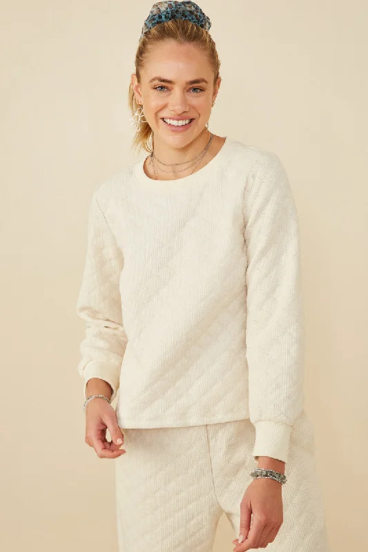 Quilted Knit Pullover Sweatshirt Boxy Neck Sweater