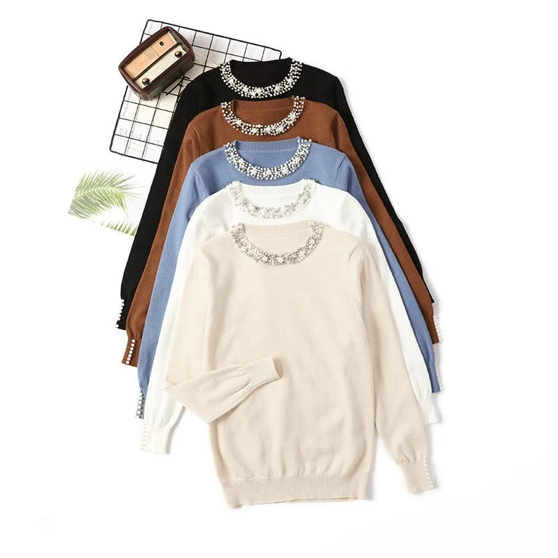 Autumn and winter new one size bead collar pullover sweater round neck long sleeve knitted loose women's bottoming shirt Ruffle Sleeve Feminine Autumn and winter new one size bead collar pullover sweater round neck long sleeve knitted loose women's bottoming shirt Ruffle Sleeve Feminine