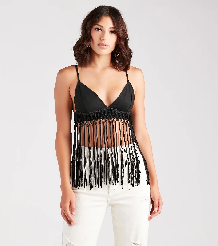 Bohemian Summer Crochet Fringe Crop Top Beaded Sequined Faux Fur