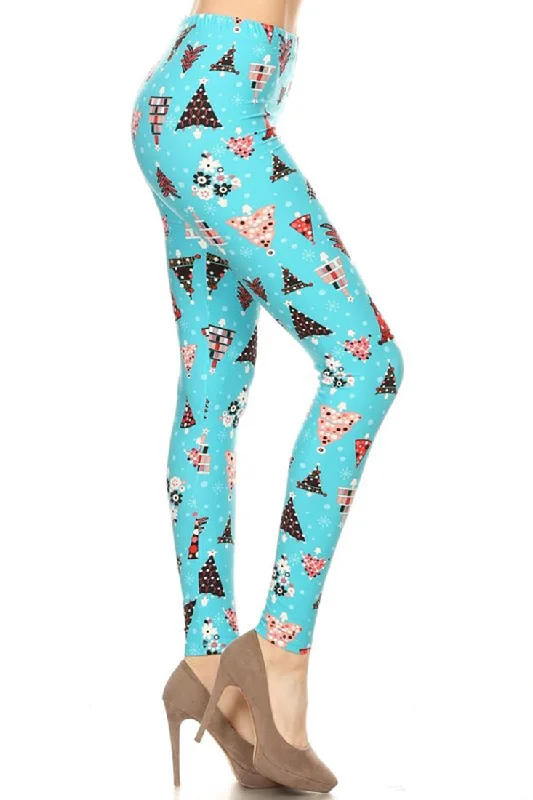 Aqua Christmas Tree Design Leggings Comfortable Wide-Band Leggings