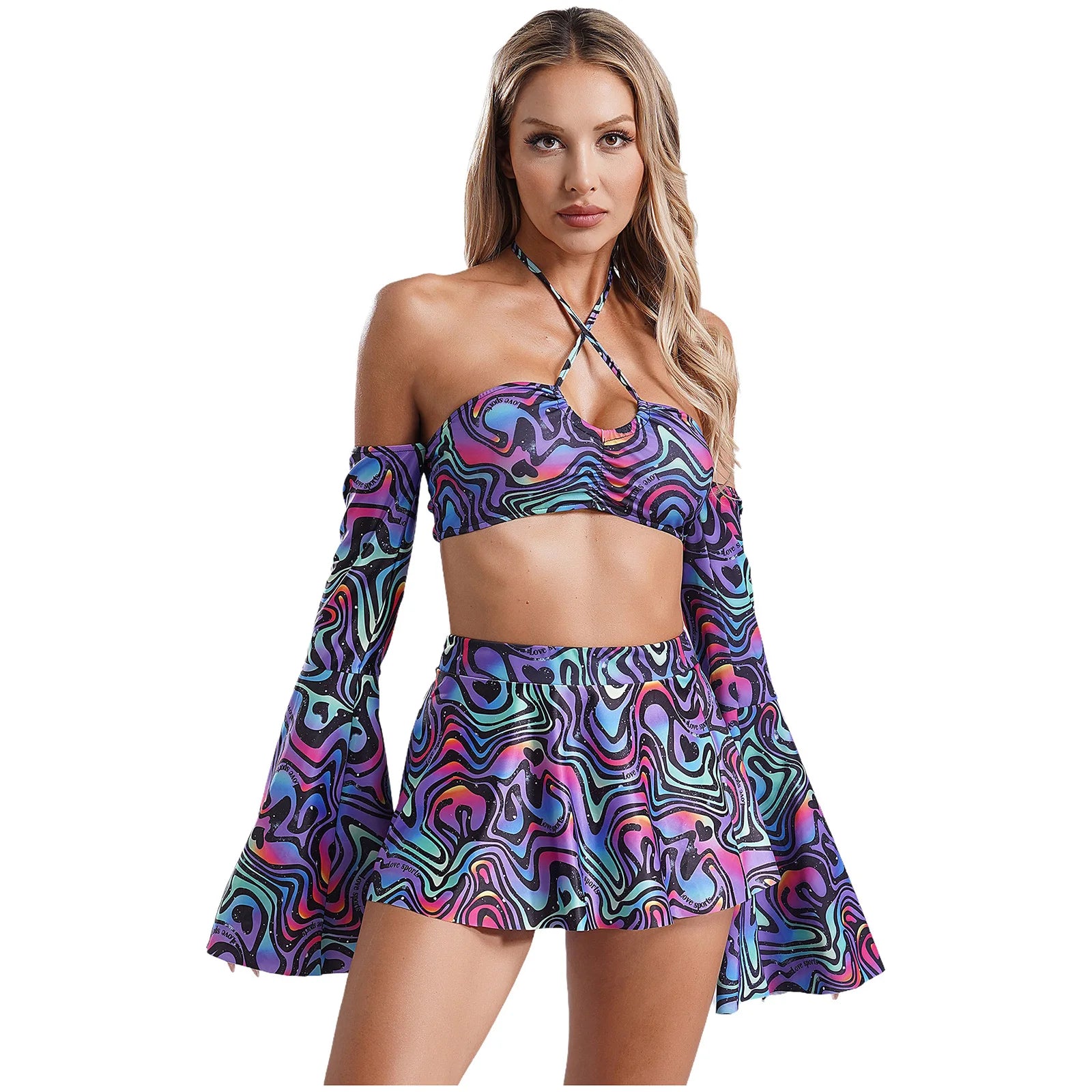 Whimsy Flare Sleeve Crop Top and Skater Skirt  3-piece Set Hooded Caped Shawl Collar