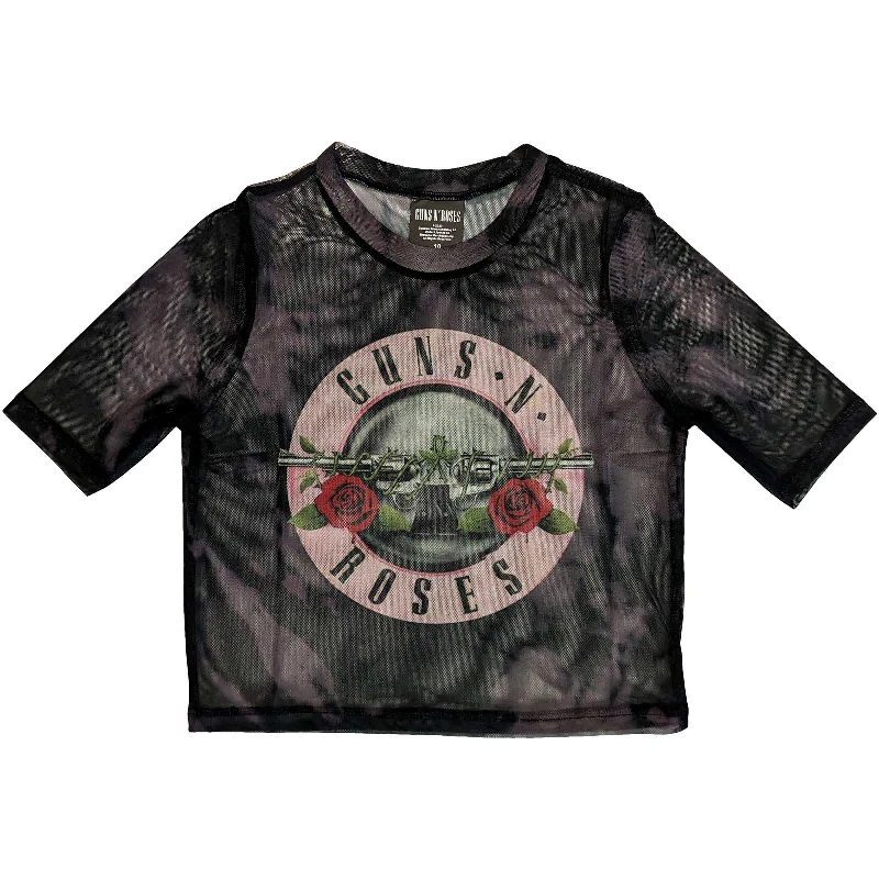 GUNS N' ROSES Crop Top for Ladies, Pink Tint Bullet Logo Print Jacquard Patchwork