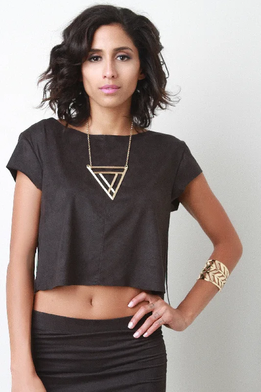Suede Fringe Short Sleeve Crop Top Solid Color Striped Floral