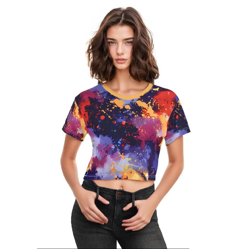 Electric Tomato Splash Crop Top Tee Solid Print Embellished