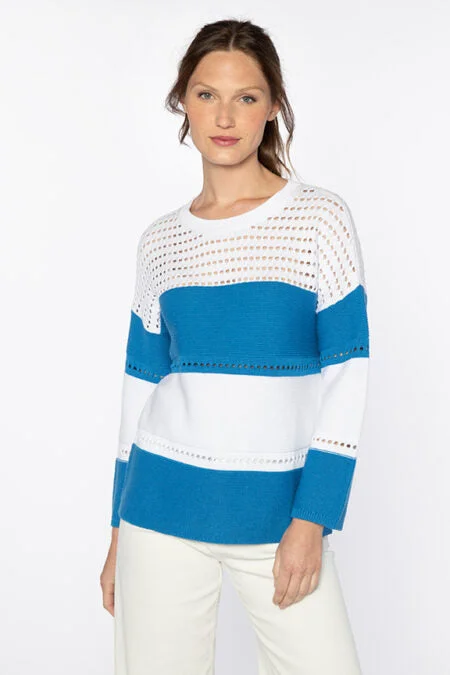 Kinross Cashmere Textured Wide Stripe Pullover Thin Wool Pullover