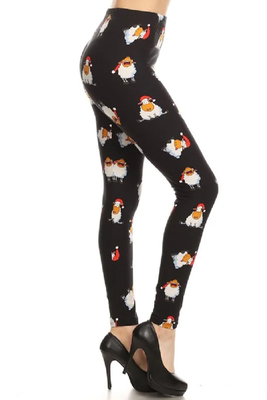 Black Holiday Sheep Design Leggings Elegant Stretchy Faux Leather Leggings