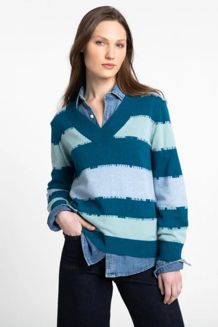 Kinross Cashmere Intarsia Stripe Vee Pullover Jewel Neck Pullover