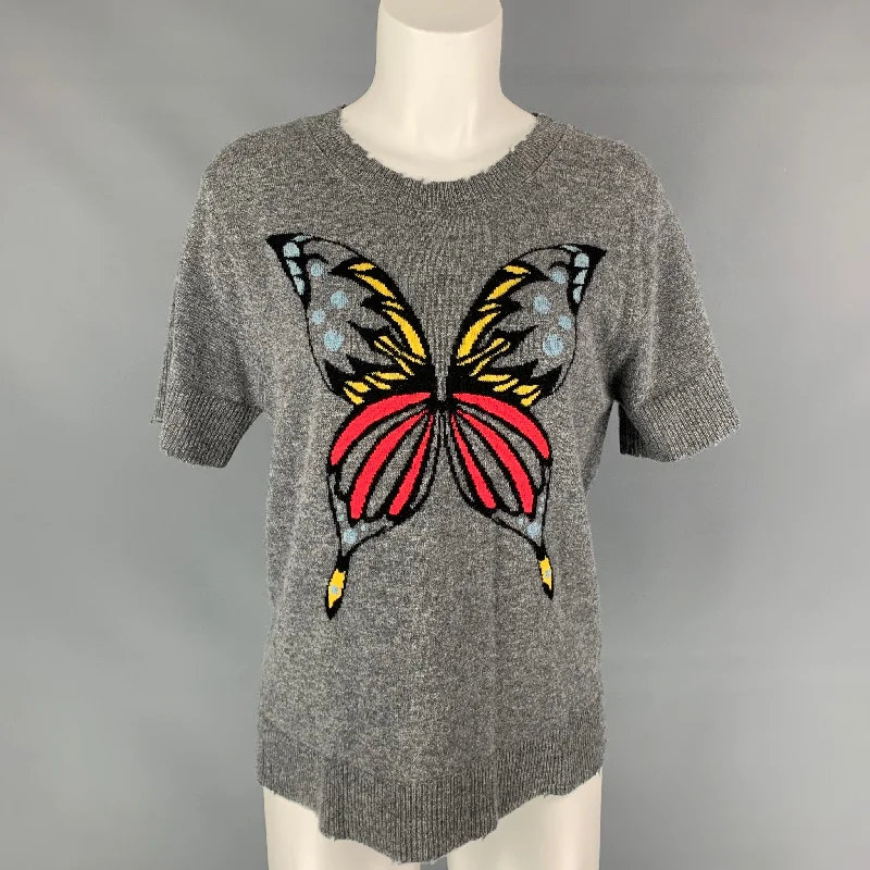 ZADIG & VOLTAIRE Size S Grey & Red Knitted Butterlfy Cashmere Short Sleeve Pullover Oblong Neck Pullover