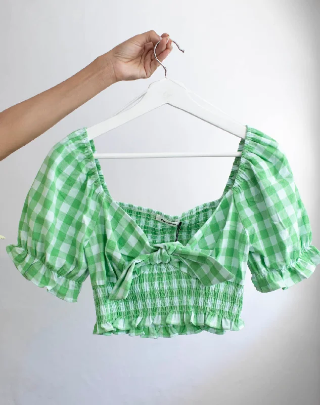 Green Twist Knot Smocked Gingham Crop Top - DM Jersey Fabric Tulle Fabric Batik Fabric