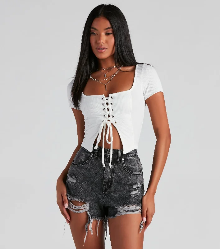 Drawn In Ribbed Crop Top Iron Safe Non-Iron Wrinkle Free