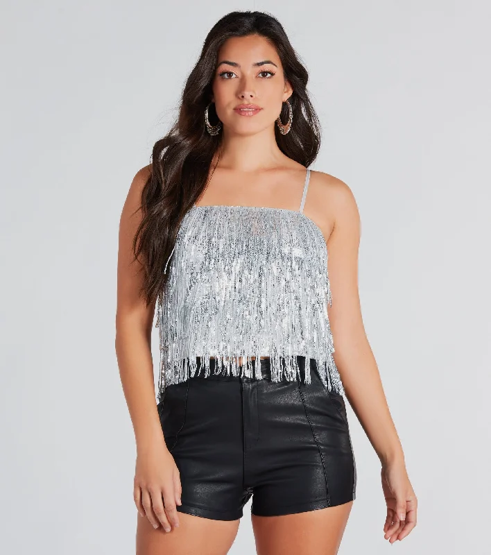 Spotlight Beauty Sequin Fringe Crop Top Elasticated Padded Insulated
