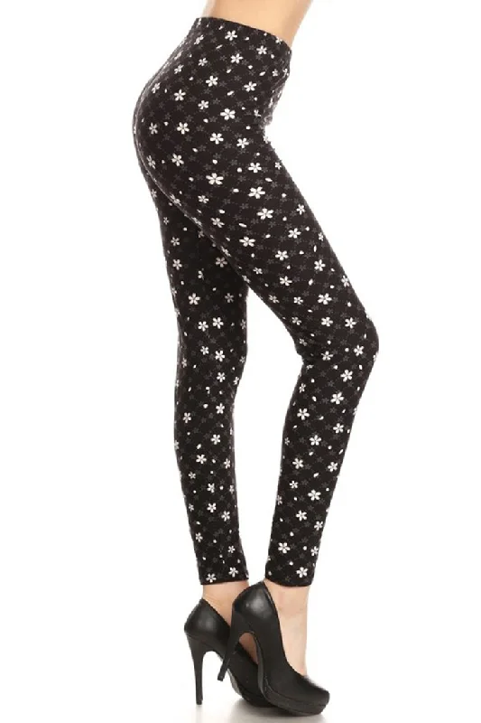 Black Grey White Petal Design Leggings Fashionable Printed Legging Pants