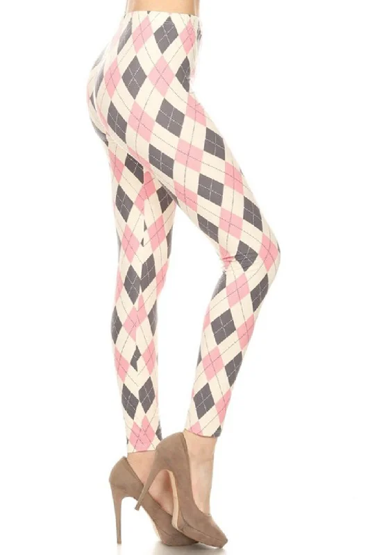 Cream Pink Argyle Plaid Leggings Comfortable Stretch Leggings