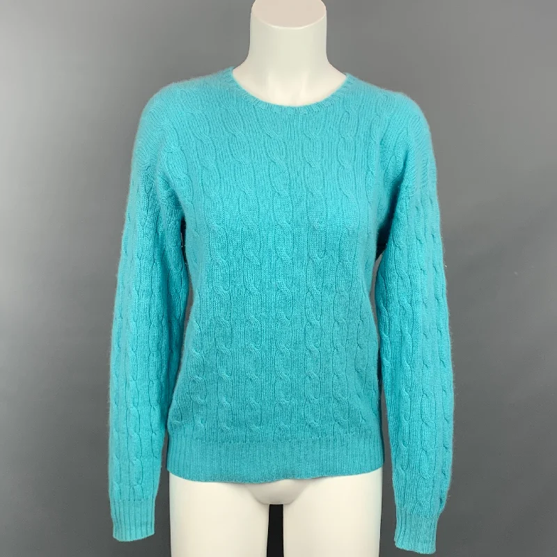 RALPH LAUREN Black Label Size S Aqua Cable Knit Cashmere Pullover Crew Neck Wool