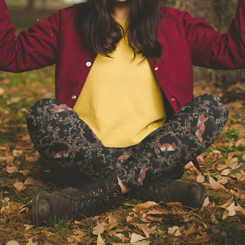 Floral Fox Leggings Elegant Black Leggings
