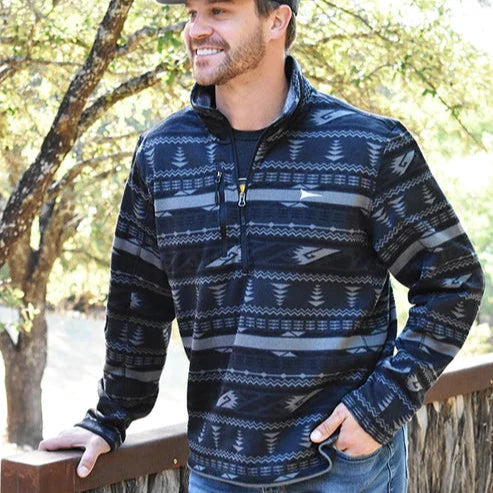 Fast Back Men's Black Quarter Zip Sweater Knit Pullover in Grey Aztec Wrist Length Sleeve