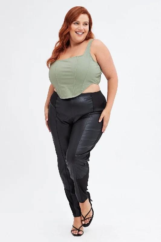 Black Leggings High Rise Faux Leather & Ponte Panel Fashionable Seamless Leggings