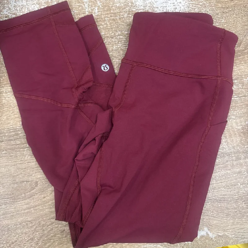 Lululemon - Women's Cropped Leggings: Dark Red-women-6 Trendy Cut-Out Activewear Leggings Lululemon - Women's Cropped Leggings: Dark Red-women-6 Trendy Cut-Out Activewear Leggings