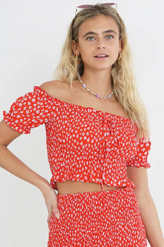 RED DITSY FLORAL PRINT SHIRRED BARDOT CROP TOP Hooded Caped Shawl Collar