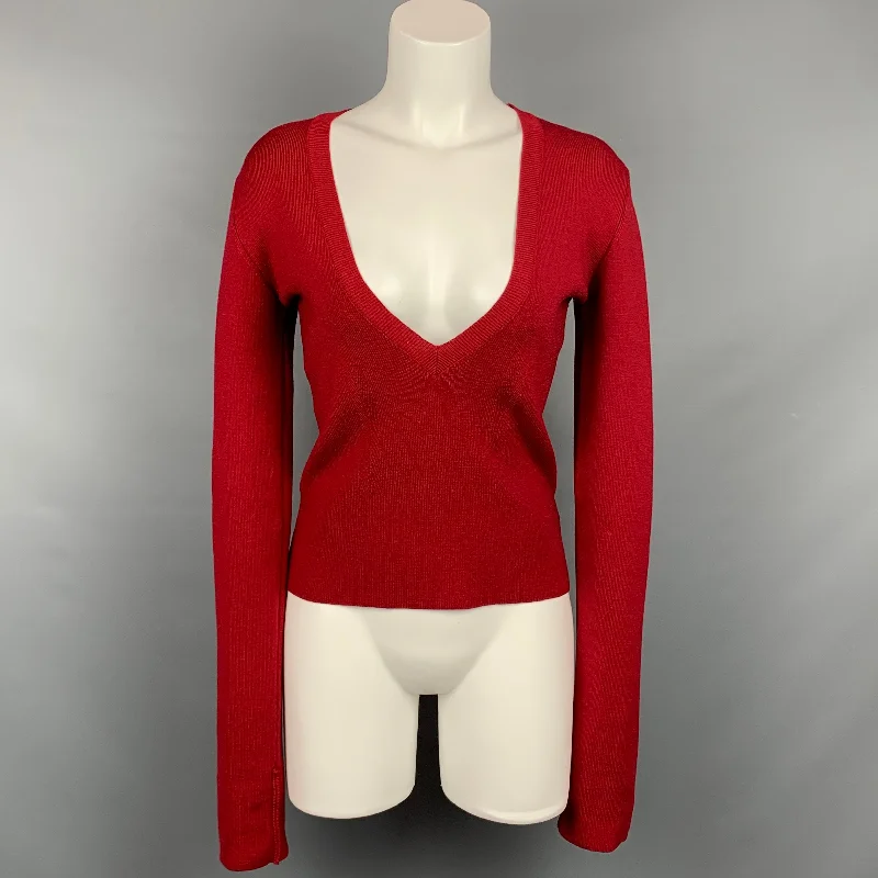 DSQUARED2 Size M Red Ribbed Wool Deep V-neck Pullover Hooded Pullover Sweater