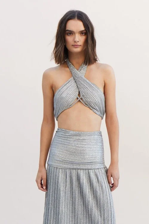 Suboo Ana Halter Wrap Crop Top - Silver Welt Pockets Slit Pockets Flap Pockets