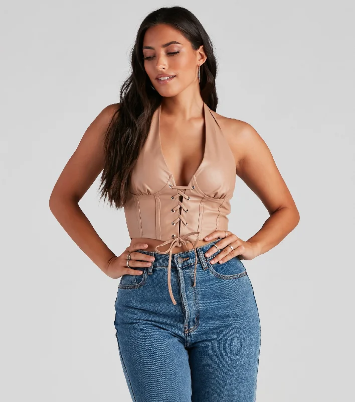 Made To Be Seen PU Halter Crop Top Lace Blend Ribbed Blend Corduroy Blend
