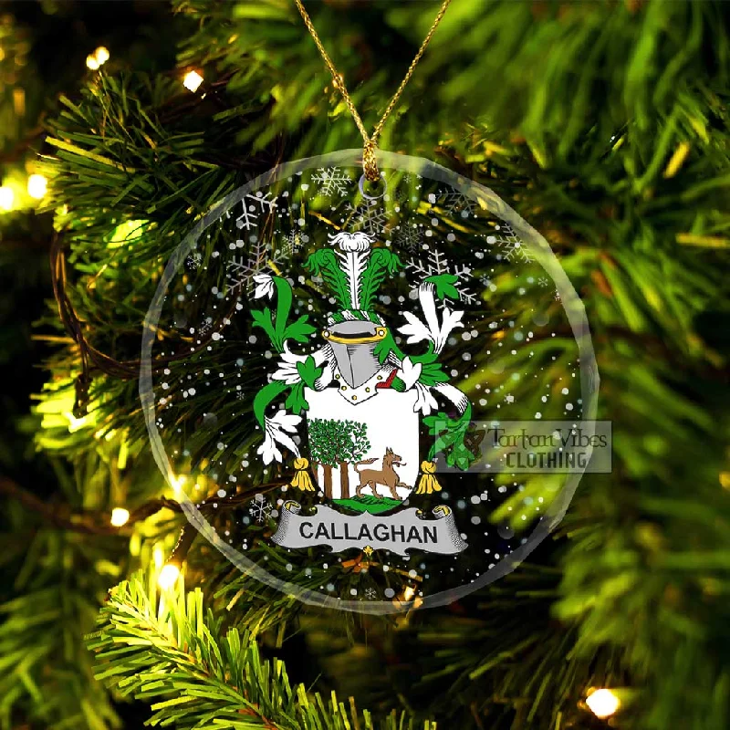 Callaghan Irish Clan Christmas Glass Ornament with Coat of Arms Hook-and-Loop Buckled Tied