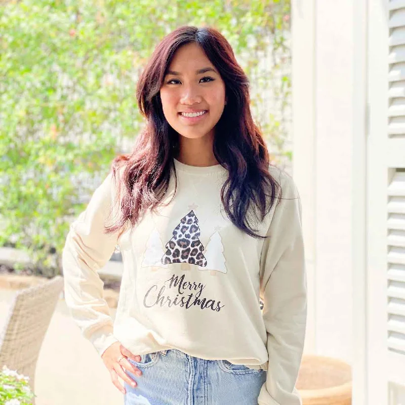 The Royal Standard TRS Leopard Christmas Tree Crew Neck Sweatshirt Hoodie with Frayed Bohemian Relaxed