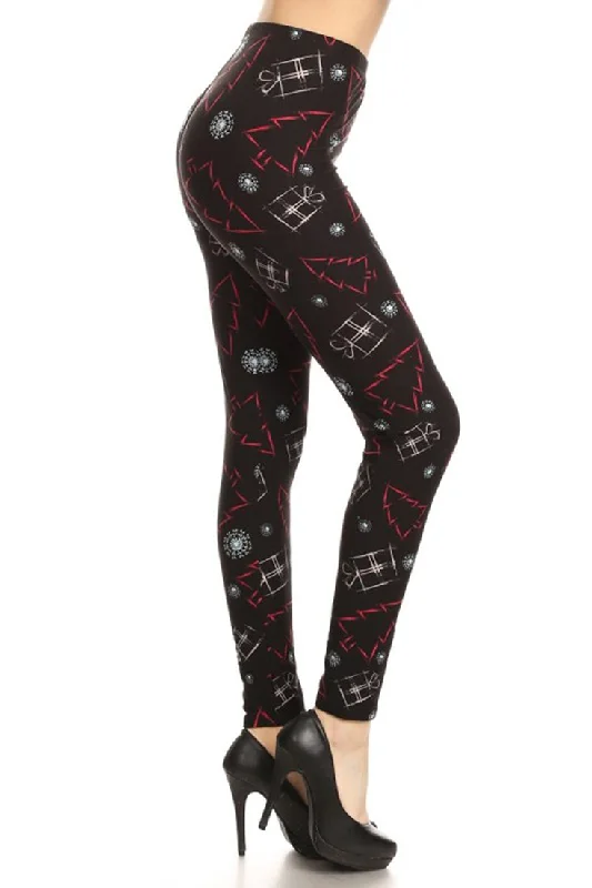 Black Red Gift Tree Design Leggings Chic Printed Yoga Pants