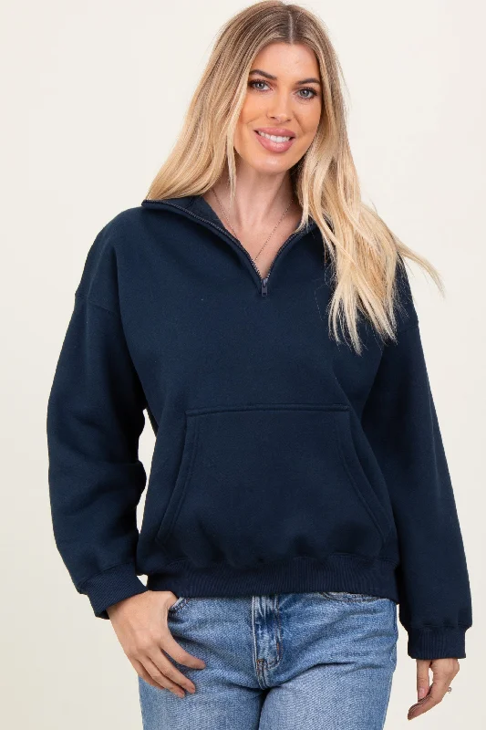 Navy Fleece Oversized Half Zip Pullover Leg Sleeve Comfort