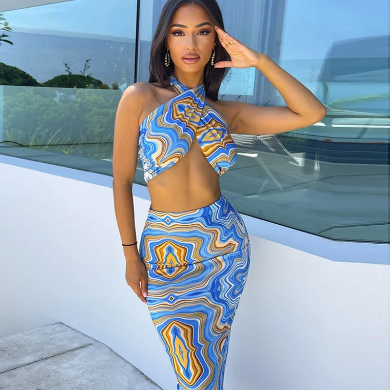 2 Piece Print Halter Cut Out Crop Top Dress Sets Fashion Outfit Summer Top and Skirts Matching Set Club Party Dress Lace Blend Ribbed Blend Corduroy Blend