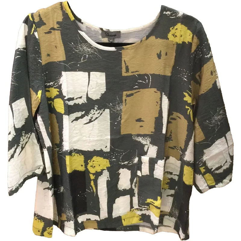 Women's Shana Apparel One Pocket Pullover Olive Multi Flutter Sleeve Feminine