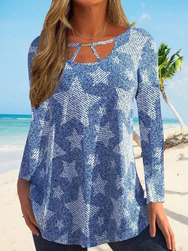 Women's Patchwork Loose Print Round Neck Pullover T-shirt Shawl Collar Sweater