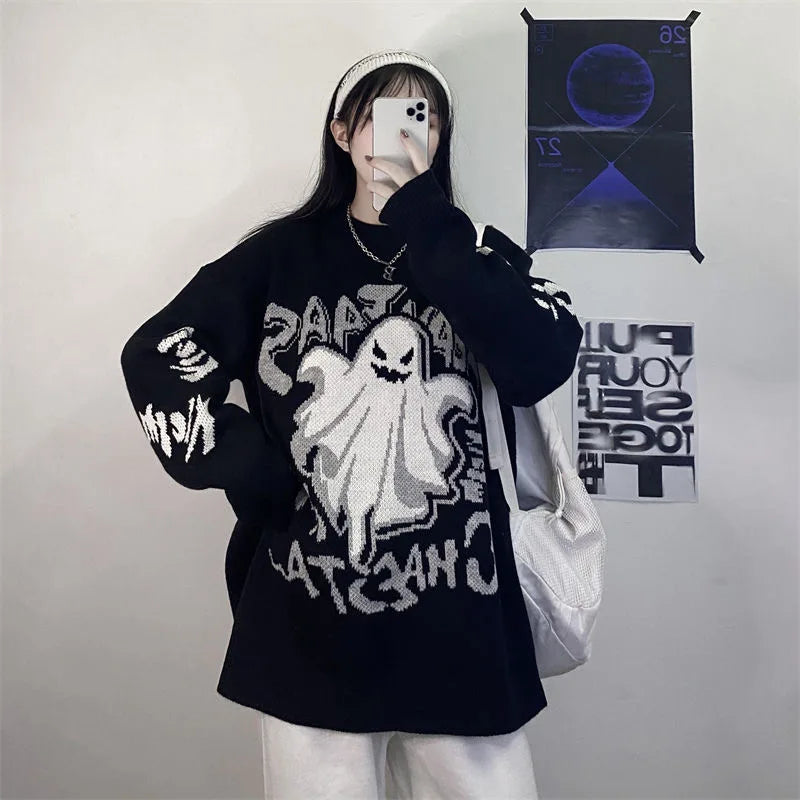 Vintage Horror Sweater - Oversized Cartoon Halloween Print Pullover Shawl Collar Sweater Vintage Horror Sweater - Oversized Cartoon Halloween Print Pullover Shawl Collar Sweater