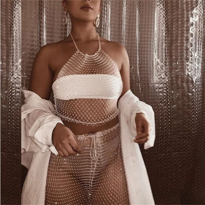 O Neck Rhinestone Fishnet Crop Top Welt Pockets Slit Pockets Flap Pockets