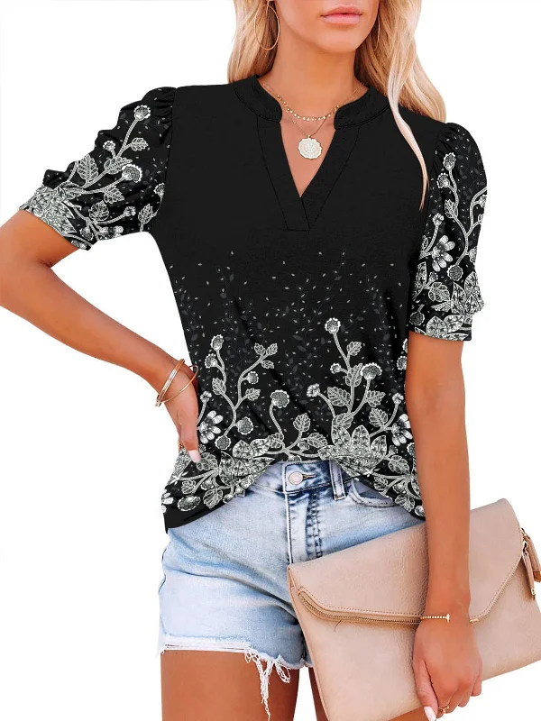 Fashion V-Neck Print Loose Casual Puff Sleeve Pullover Top Crew Neck Wool