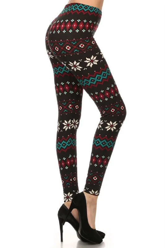 Black Multi Pixel Snowflake Design Leggings Cozy Mid-Rise Workout Leggings