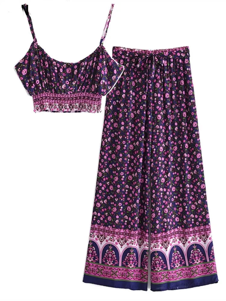 Aziza's Boho Two Piece Set Wide Leg Pants & Crop Top Striped Floral Plaid