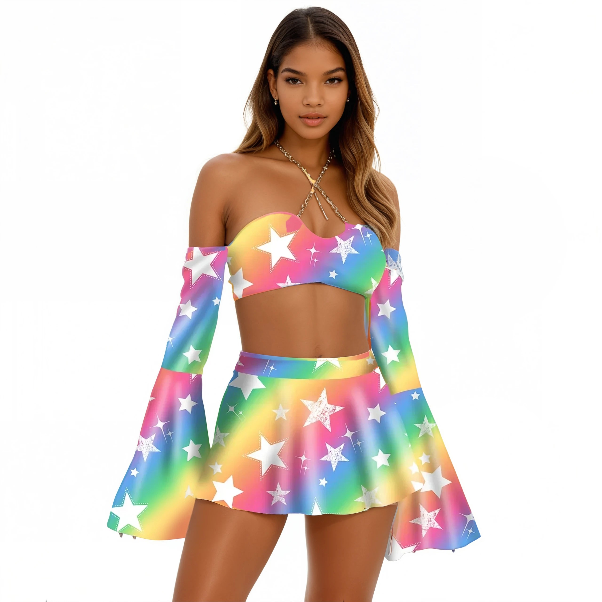 Rainbow Star Flare Sleeve Crop Top and Skater Skirt 3-piece Set Casual Formal Business Rainbow Star Flare Sleeve Crop Top and Skater Skirt 3-piece Set Casual Formal Business