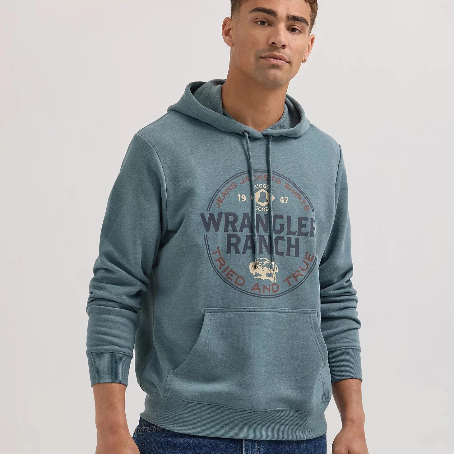Wrangler Men's 1947 Logo Pullover Hoodie in Goblin Blue Gathered Sleeve Pullover