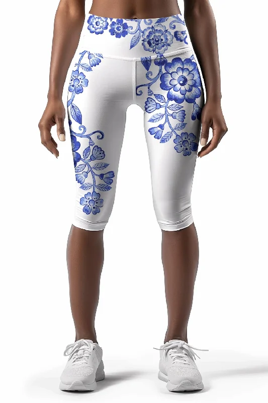 Flowerful Ellie White Blue Floral Printed Yoga Capri Leggings - Women Fashionable Stretchy Fit Leggings Flowerful Ellie White Blue Floral Printed Yoga Capri Leggings - Women Fashionable Stretchy Fit Leggings